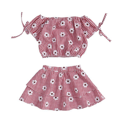 

2019 Baby girl clothes summer set flower plaid bow sleeve top pleated skirt 2PCS for 1-6T