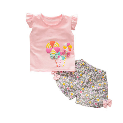 

3 Color Newborn Baby Girl Clothes Set Cartoon Printing T-shirt Floral Bow Shorts Baby Clothes Set Fashion Girl Clothes