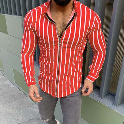 

Toponeto Mens Casual Fashion Slim Stripe Printing Zipper Long Sleeve Shirts Top Blouse