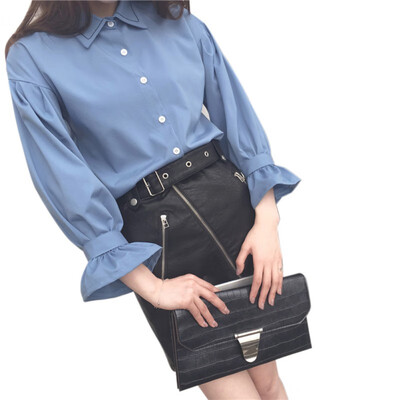 

Womens Blouses Lantern Long Sleeve Tops&Blouses Casual Solid Ladies Shirts BlueWhite Blusas Plus Size  Blusa Feminina