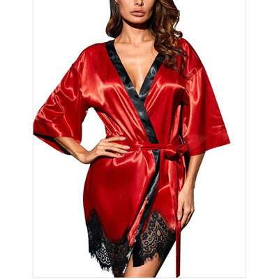 

Sexy Women Nightwear Lace Satin Silk Sexy Belt Tie Lace Sexy Homewear Sleepwear Robe For women Plus Size Robe