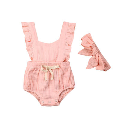 

Summer Newborn Baby Girls Set Flare Sleeve Backless Rompers Solid Pattern Cotton One-Piece Romper Headband 2Pcs Romper Sets