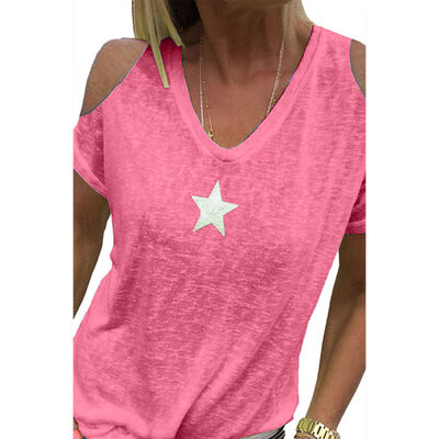 

Women Summer Cold Shoulder Star Print Plus Size T-Shirt V Neck Solid Color Top