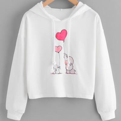 

ROPALIA Spring Autumn Elephant Print Short Hooded Hoodies Women Long Sleeves Hoody Pullover Tops