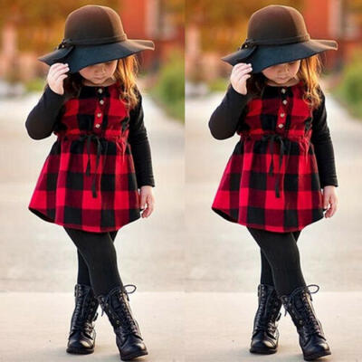 

USA Toddler Baby Kids Girl Clothes Plaid Long Sleeve Princess Dress Autumn Dress