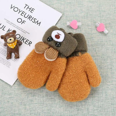 

Cute Cartoon Bear Baby Gloves Winter Wool Plus Thick Full Rope Finger Mittens Warm Knitted Gloves