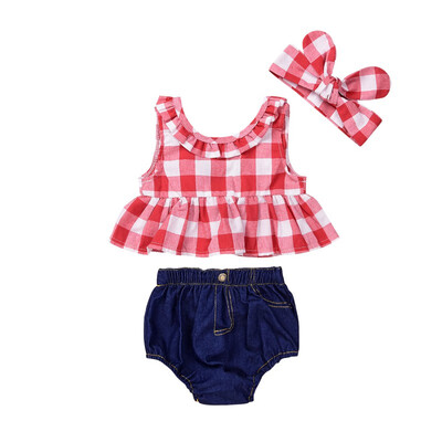 

Toddler Girls Summer Clothing Set backless girls clothing set Red Skirted T-shirt TopsDenim Shorts Bloomers Headband Outfits