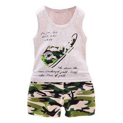 

2PcsSet Summer Baby Boys SleevelessCotton Camouflage Shoes Print Tops Blouse VestShorts Casual Outfits Sets