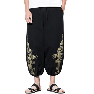 

Gobestart Men Casual Retro Printed Streetwear Drawstring Calf-Length Pants Harem Trousers