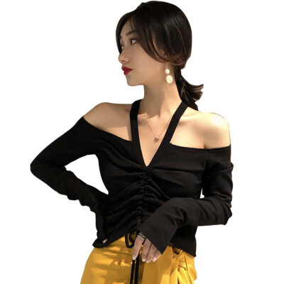 

Women Sexy Off Shoulder Crop Tops Fashion V-Neck Long Sleeve T-shirt Autumn Solid Lace up Casual Pleated T Shirt Female