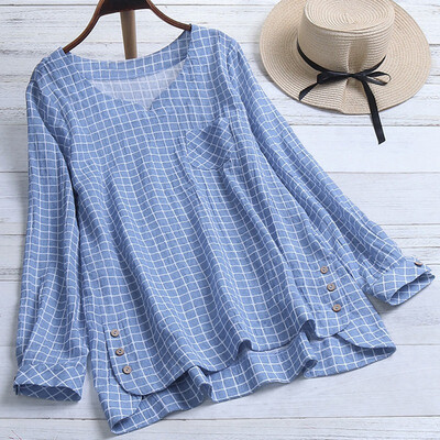 

Vintage Tunic Top Women Plaid Blouse Female Long Sleeve Button Shirt Chemise Asymmetrical Hem Blouse Casual Blusas Plus Size