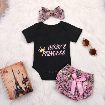 

Baby Girl Casual Floral Print Outfits Set Bodysuit Shorts Headband Toddler Clothes