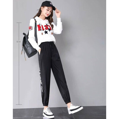 

Women Casual Loose High-Elastic Sports Side Print Harajuku Sport Feet Nine Points Pants