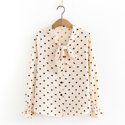 

Autumn Blouse Apricot White Women Dot Bow Chiffon Shirt Korean Style Loose Casual Lapel Long Sleeve Blouse