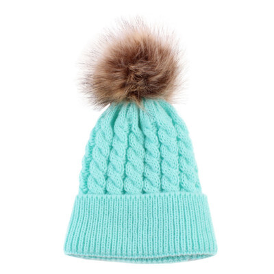 

Baby Boy Girl Winter Warm Lined Earmuffs Knitted Big Fur Ball Braid Solid Color Hat Beanie Knit Caps