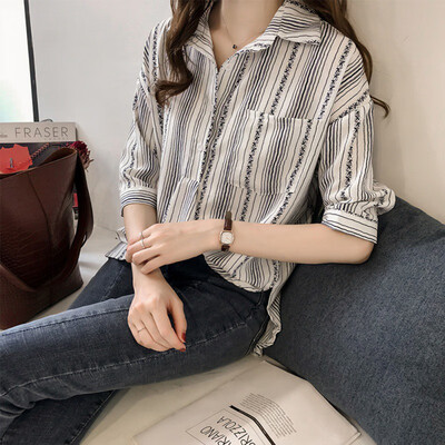 

Autumn Shirt Women Striped Lapel Shirts Casual Three Quarter Sleeve Single Buckle Loose Blouse Turn-down Collar Shirts