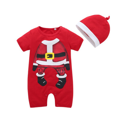 

Summer Newborn Baby Short Sleeve Cotton Rompers Sets Cute Chirstmas Style Cartoon Printing Comfortable RompersHat Two-piece Set
