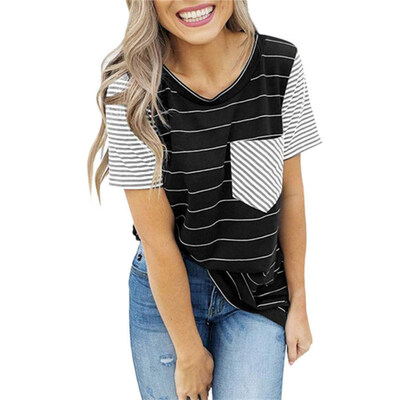 

Casual Summer Women Striped Patch Pocket T-Shirt Short Sleeve Round Neck Top