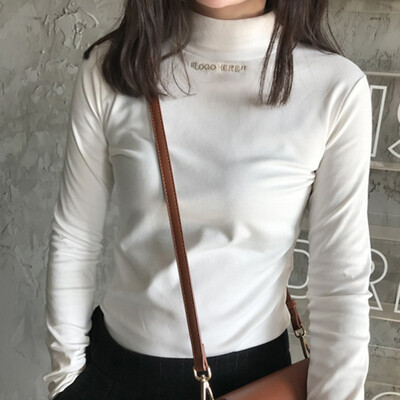 

Half-high collar long-sleeved T-shirt female letter printed milk silk solid color cotton T-shirt womens autumn bottoming shirts