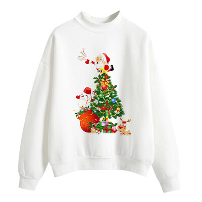 

Halloween Women Brushed Sweatshirt Autumn Winter Long-sleeved Santa Claus Christmas Tree Print Sweatshirt Happy Halloween