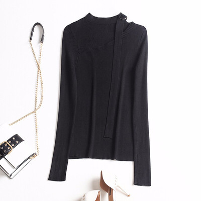 

New winter wear knitted openwork design sense Ribbon Shirt coat sweater