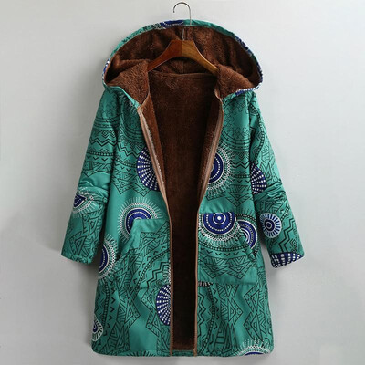 

Women Vintage Loose Hooded Coat Plus Size Printed Fleeces Lining Zip Up Winter Warm Parka Casual Long Overcoat Outwear