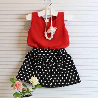 

2019 Summer New Childrens Newborn Baby Girl Clothes Chiffon Sleeveless Red Top Black Bow Polka Dot Skirt Roupa Menina Roupa