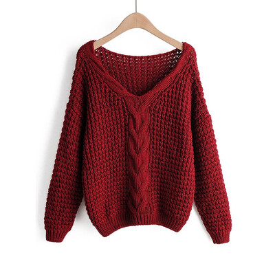 

Gobestart Fashion Women Pullover Solid Long Sleeve V-Neck Knitted Sweater Top