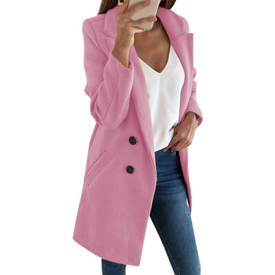 

Women Autumn Winter Casual Double Breasted Top Coat Solid Color Lapel Long Button Wool Outwear Fashion