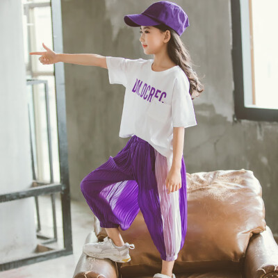 

Children Girls Summer Color Matching Letter Print Short Sleeve Round Collar Casual Tops Mosquito-proof Pants