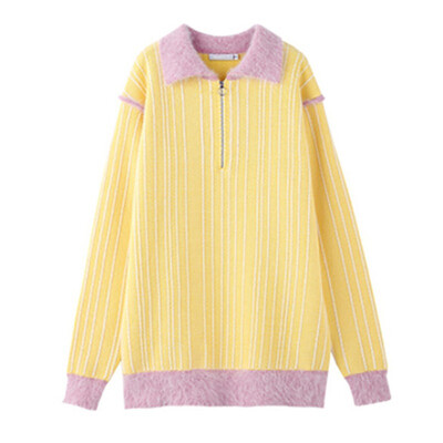 

Turn-down Collar Sweater Women Autumn Knit Stripe Sweater Solid Color Long-Sleeved Casual Wild Slim Loose Tops Pull Femme
