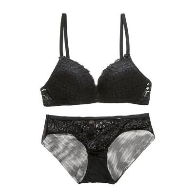 

Sexy Lingerie Set Thin Lace No Steel Ring Cotton Cup Bow Gathered Bra Underwear Set