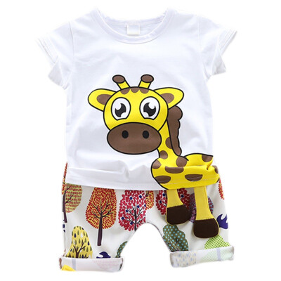 

2Pcsset Children Baby Boys Girls Summer Casual Short Sleeve Animal Giraffe Print T-shirt TopsShorts Suits Costume Set