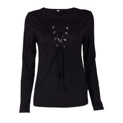 

Spring Fall Women Clothes Casual Bandage Lace Up Long-Sleeve TShirt Women Sexy Deep V T-shirts Female Tops 5 Colors LM93