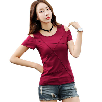 

2018 Fashion Off Shoulder Women O-Neck T-shirts Short Sleeved Hollow Out T-shirt Solid Female Cotton Tees Tops Female -2L