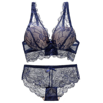 

Women Bra Sexy Lingerie Lace Embroidery Push Up With Steel Ring Gathering 34 Cup Bra Panties Set