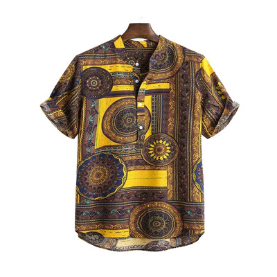 

Mens V Neck Short Sleeve Printed Blouse Ethnic Style Retro Vintage Summer Tops