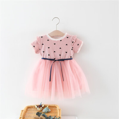 

Summer Baby Children Dresses Kids Girl Solid Color Love Print Short Sleeve Cotton Dress Infant Kid Princess Dress