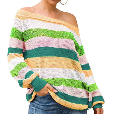 

Women Boat Neck Off Shoulder Knitted Sweater Rainbow Stripe Color Long Sleeve Loose Casual Pullover Sweaters