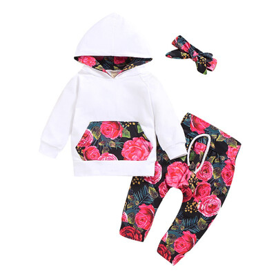 

Baby Sets Three Piece Flower Print Hooded Long Sleeve Sweater Pants Hair Strap Baby Flower Pattern Set