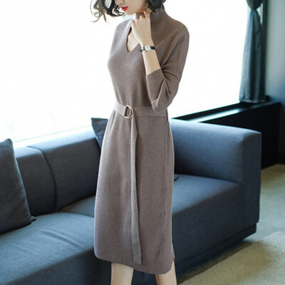 

Autumn Women Long Sleeve Knitted Sweater Dress O-Neck Sexy Vintage Solid Color Belt Winter Slim Solid Bodycon Elegant Vestidos
