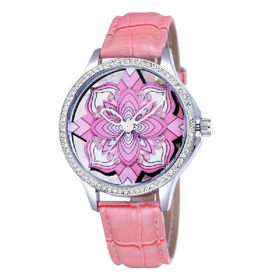 

Fashion Shining Rhinestone Embedded Beautiful Flower Watch Soft PU Leather Watchband Analog Women Wristwatch