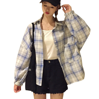 

Korean Style Women Fashion Lantern Long Sleeve Plaid Pockets Blouses Shirts Female Casual Loose Blouse Tops Women Shirt Coat