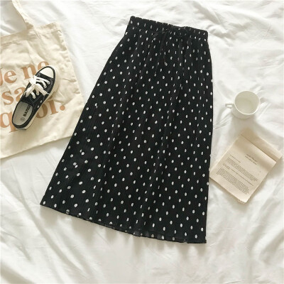 

Polka Dot Print Skirt Women Elastic Waist Lace Up Summer Skirts Pleated Long Skirt Ladies Elegant Female Elegant