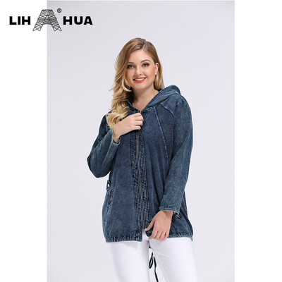 

LIH HUA Womens Plus Size Casual Denim Jacket stockinet high flexibility Slim Fit Jacket Denim hoodie