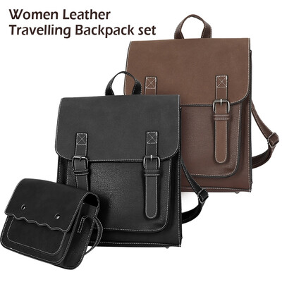

Vintage PU Leather Backpacks 2pcsSet Large Capacity Backpack Travel Bags