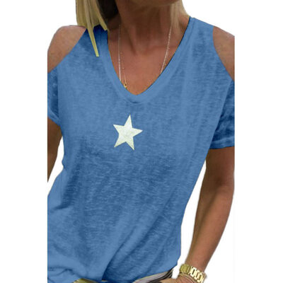 

Women Summer Cold Shoulder Star Print Plus Size T-Shirt V Neck Solid Color Top