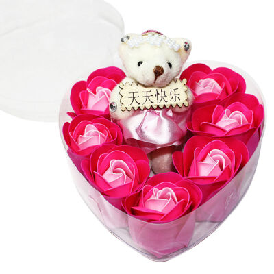 

Scented Rose Flower Petal Bouquet Gift Box With Bear Bath Body Soap Gift Wedding Party Favor 7Pcs