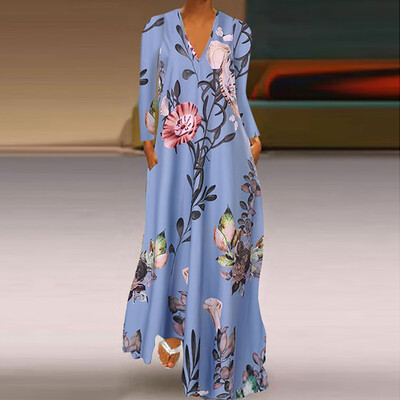 

Tailored Fashion Women Casual Plus Size V-Neck Flower Print Long Sleeve Loose Dress