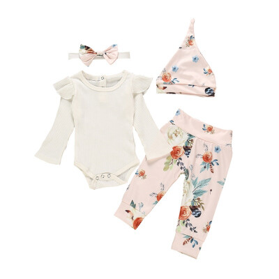 

Autumn Baby Girl Clothes Casual Long Sleeve Romper Tops Floral Trousers Hat Headband Outfits Clothing Set for Infant Baby